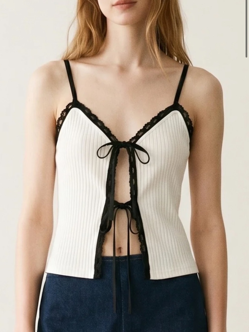 Zara White Ribbed Lace-Trim Tie-Front Cami with Black Trim